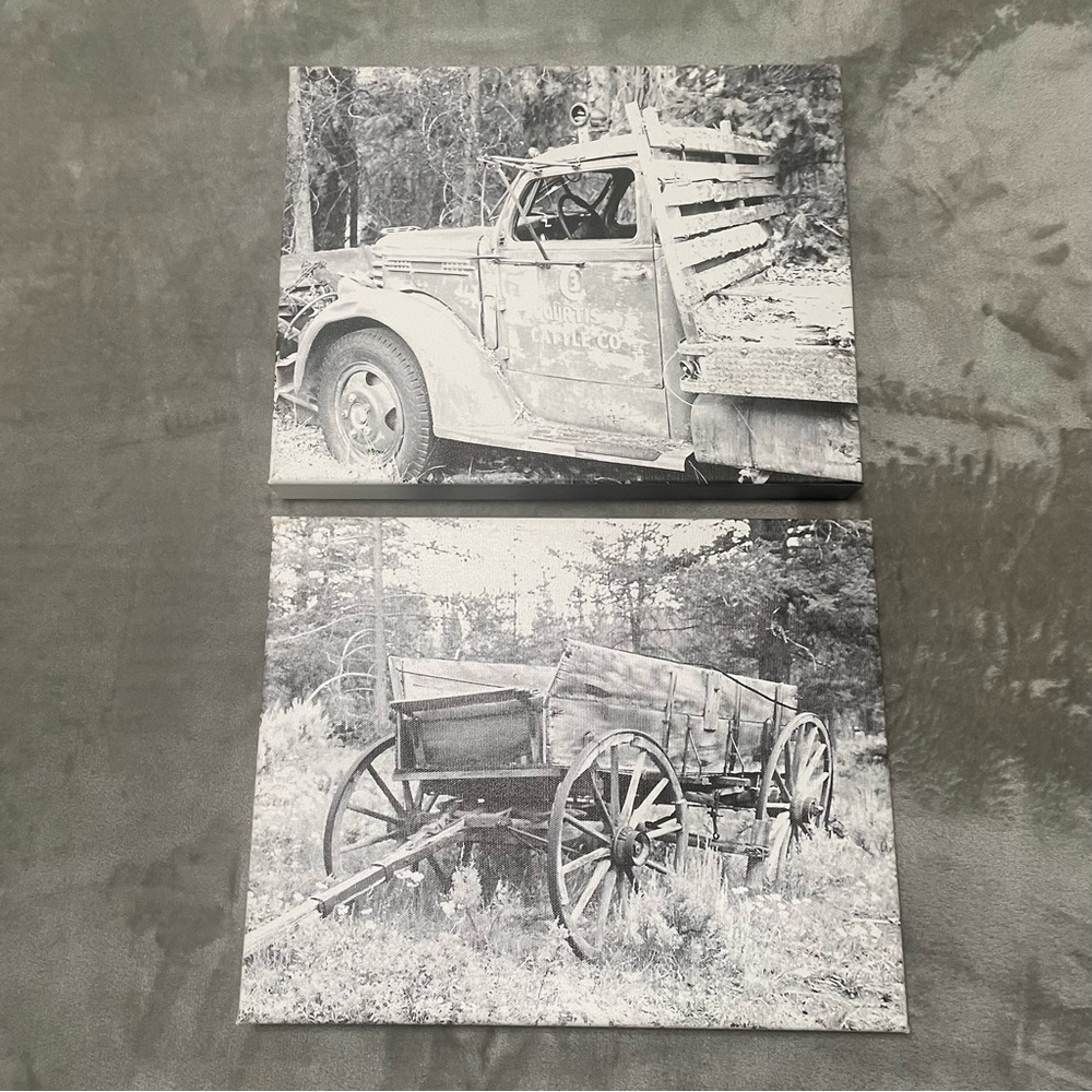 CafePress Vintage Farmhouse Canvas Art 11x14 Set of 2 Truck Wagon Black White